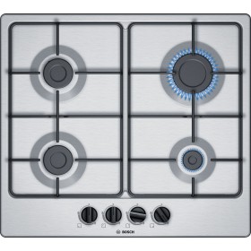 BOSCH Line PGP6B5B86, SER4, Piano a gas in acciaio, inox, 60 cm, 4 fuochi, griglie in acciaio smaltato, compreso di piastra per
